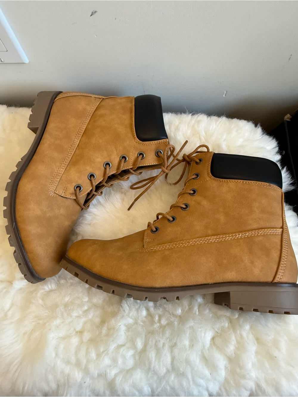 JustFab Woman’s Tan Lace-Up Boots . Like new